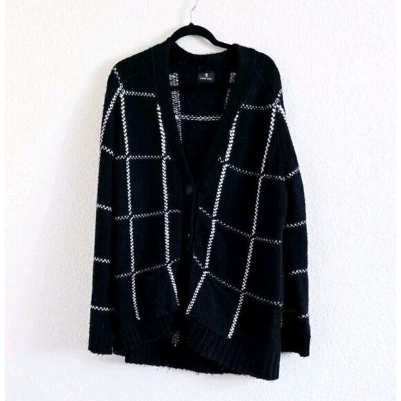 Anine Bing Kurt Black White Plaid Cardigan Merino Wool Blend Size L - Picture 2 of 7